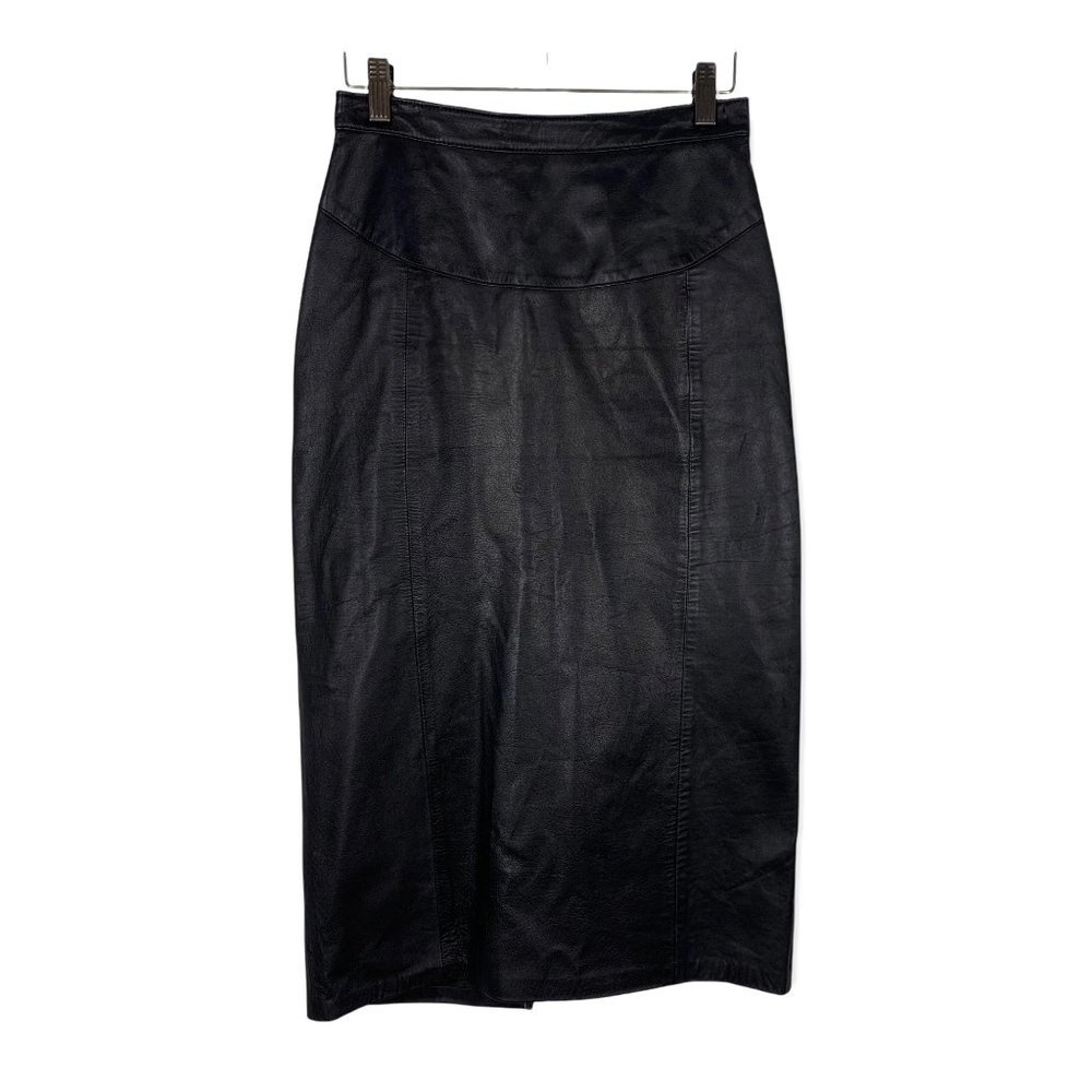 Vintage 80s Black Leather Pencil Skirt Small